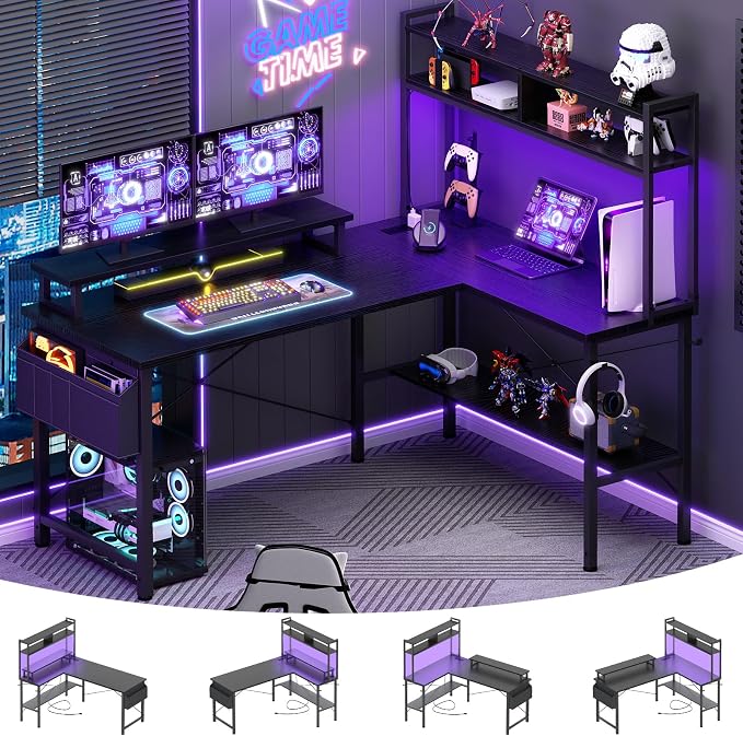 Aheaplus L Shaped Gaming Desk with Power Outlets & LED Lights, Black by Aheaplus
