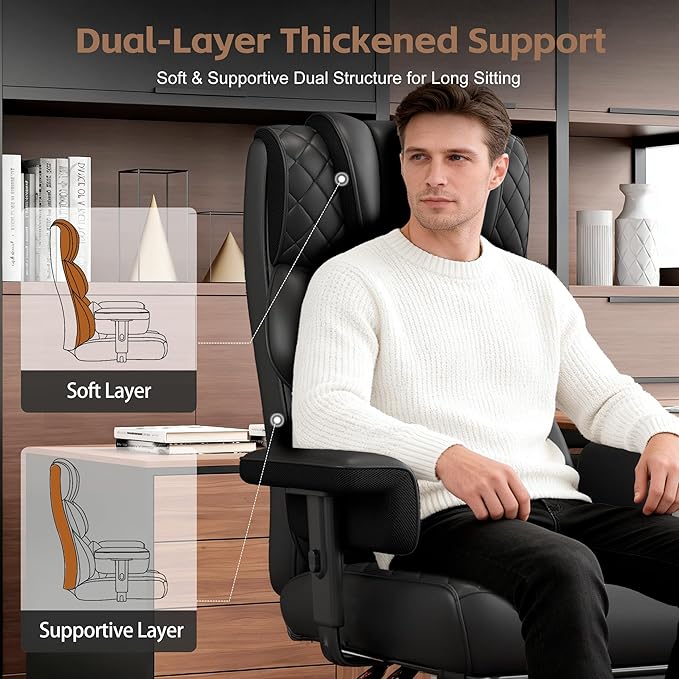 Vonesse Office Chair, Desk Chair with Soft Adjustable Armrests, Ergonomic High Back Gaming Chair with Lumbar Support, Executive Computer Chairs with Footrest (PU Leather, Black) - Image 5