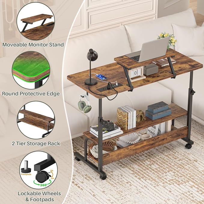 Height Adjustable Standing Desk with Power Outlets and LED Lights - 39" Manual Stand Up Desk with Monitor Stand and Storage Shelves Small Mobile Rolling Computer Desk Portable Laptop Table, Rustic - Image 6