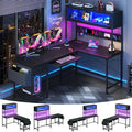 L Shaped Gaming Desk with Power Outlets & LED Lights, 49'' Reversible Computer Desk with Hutch & Pegboard & Display Cabinet, Corner Home Office Desk with Drawer & Keyboard Tray & Storage Bag, Black by HUAHUU
