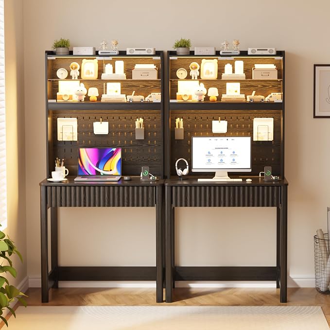 Lvifur LED Writing Desk with Hutch and Pegboard and Power Outlet (Black) | Compact Study Desk with Display Shelf, 3 Color Lights, Adjustable Brightness, USB/Type-C&2 AC Outlets, Drawer wtih Metal Rail - Image 9