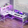 PRAISUN L Shaped Gaming Desk with LED Lights & Power Outlets | Reversible Computer Desk with Storage Shelves & Bag, Large Corner Home Office Desk with Pegboard for Work from Home, White by PRAISUN