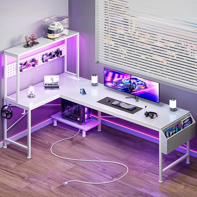 PRAISUN L Shaped Gaming Desk with LED Lights & Power Outlets | Reversible Computer Desk with Storage Shelves & Bag, Large Corner Home Office Desk with Pegboard for Work from Home, White by PRAISUN