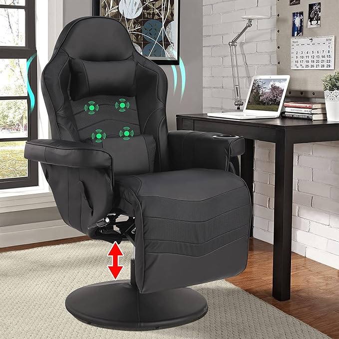 LVUYOYO Reclining Gaming Chair, Gaming Chair with Footrest and Massage, High Back PU Leather Gaming Recliner w/Adjustable Height, Swivel Game Chair with Lumbar Support, Cup Holder, Headrest by LVUYOYO