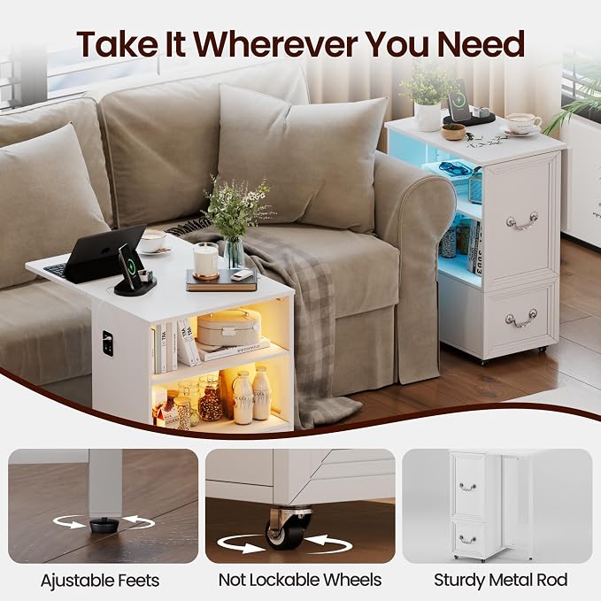 Dystler Rolling Side Table Set of 2 on Wheels, with Charging & LED Lights - Image 7
