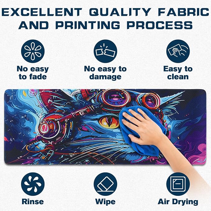 Mouse Pad Gaming - Desk Mat for Keyboard and Mouse - Cool Cat Head Large Mouse Pads for Desk, Gaming Mousepad with Non-Slip Base, Desks Pad (31.5" X 11.8") for Game, Office and Home - Image 3