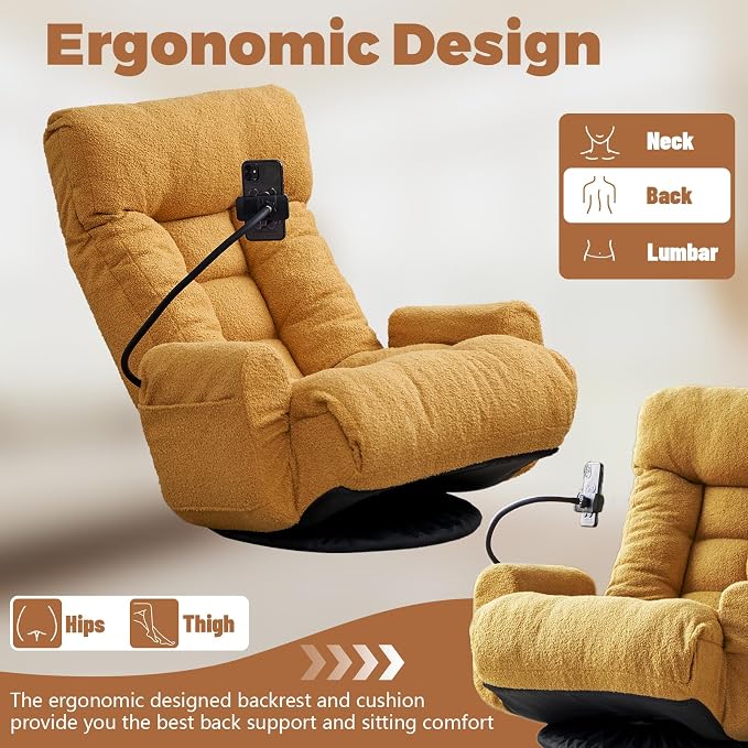 360° Swivel Floor Gaming Chair Teddy Folding Lounge Chair Sofa Chair with Adjustable Head and Waist, Armrests & Phone Holder, Padded Cushion Leisure Chairs for Living Room Bedroom (Yellow) - Image 7