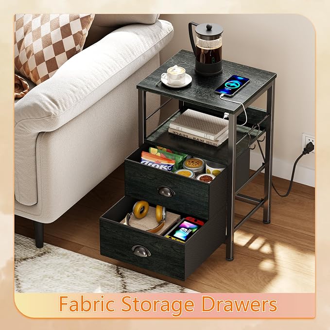 Furologee Nightstand Set of 2, Black Oak, with Charging Station and USB Ports, Side Tables with 2 Fabric Drawers, Bedside Tables with Storage Shelf & Hooks, for Living Room/Bedroom - Image 6