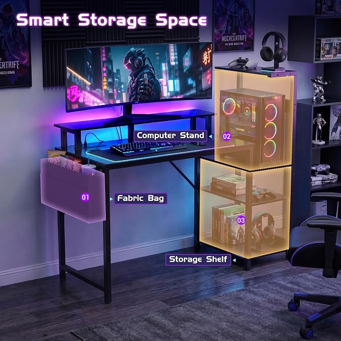 Gaming Desk 43 Inch Computer Table with Storage Shelves & Monitor Stand - Image 6