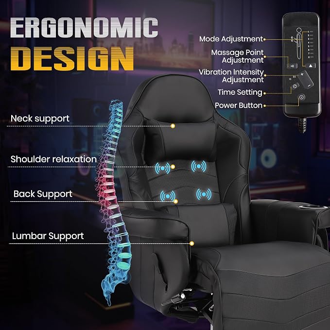 Massage Gaming Recliner Chair with Cup Holder & Side Pockets – Ergonomic PU Leather Video Gaming Chair with Footrest, Manual Recline, Headrest & Lumbar Support for Office or Game Room (Black) - Image 3