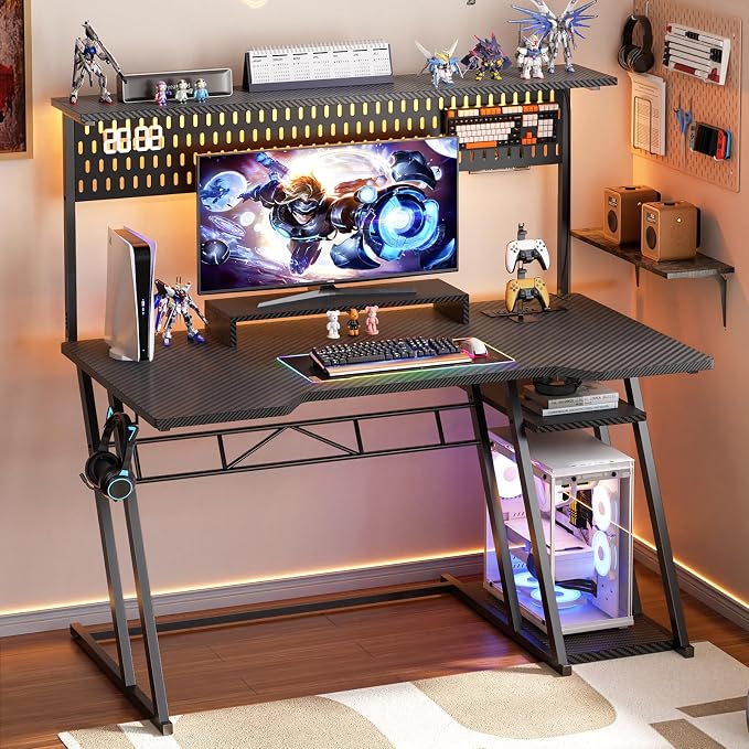Armocity Gaming Computer Desk with Shelves and Outlets, Gaming Desk with Hutch and LED Lights, Reversible PC Gaming Desks with Pegboard, Carbon Fiber Black 47'' - Image 2