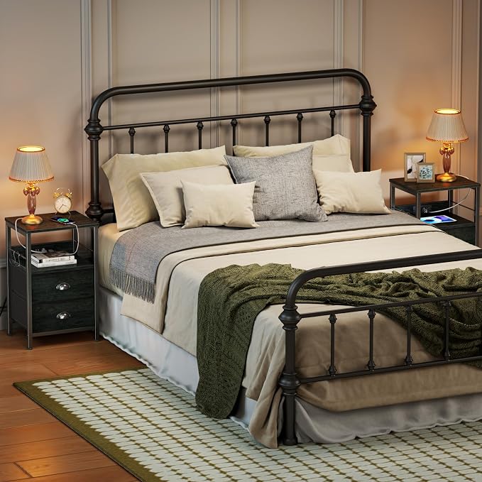 Furologee Nightstand Set of 2, Black Oak, with Charging Station and USB Ports, Side Tables with 2 Fabric Drawers, Bedside Tables with Storage Shelf & Hooks, for Living Room/Bedroom - Image 4