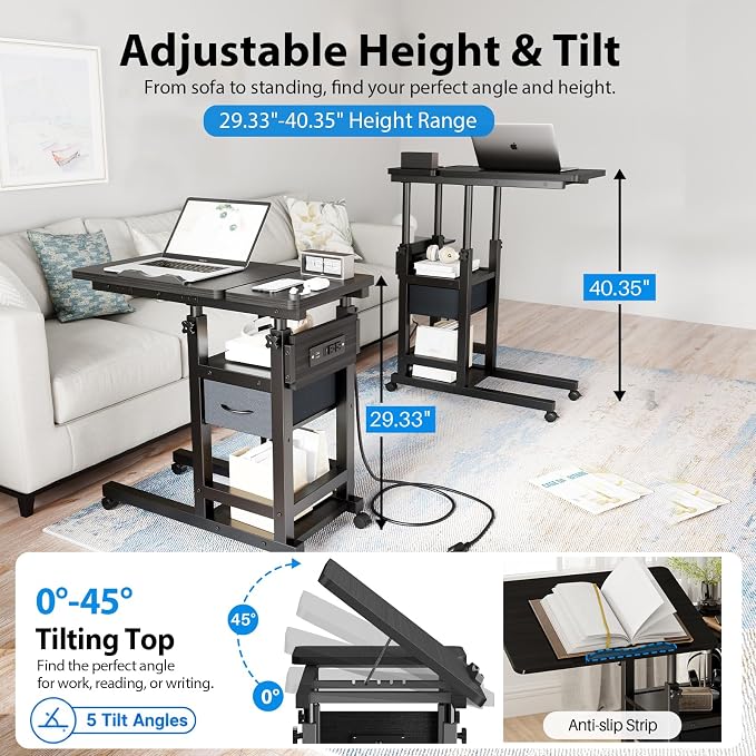 DAPOTUG Adjustable Overbed Bedside Table with Wheels, Charging Station - Image 3