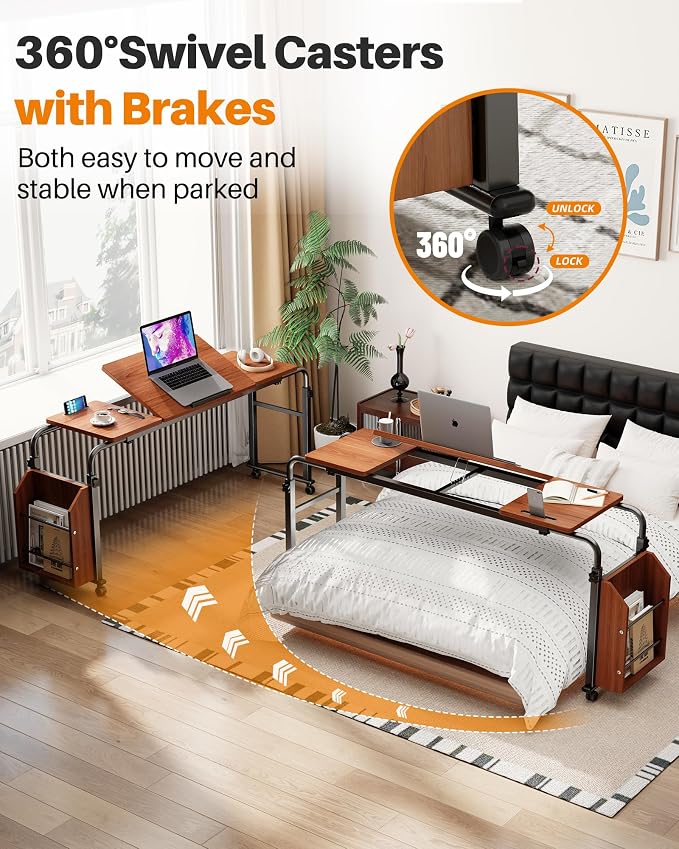 Laptop Desk for Bed,6-Angle Adjustable Overbed Table with Wheels,Adjustable Height and Length Bed Table for Laptop with Side Bookshelf,Standing Desk,Over Bed Desk for Working Hospital Home (Oaken) - Image 6