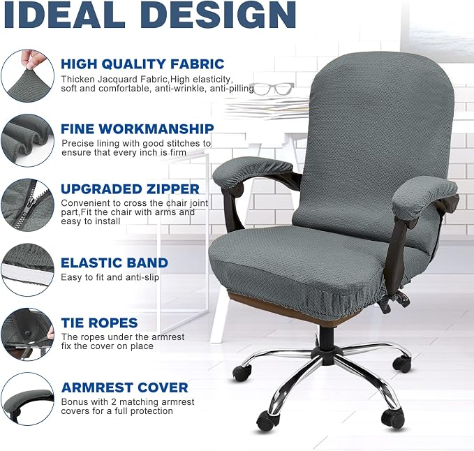NeColorLife Office Chair Cover with Armrest Covers,Large,Gray | Stretch Thick Jacquard Fabric Fits Most High-Back Executive and Desk Chairs; Machine Washable,Includes 2 Armrest Covers - Image 2