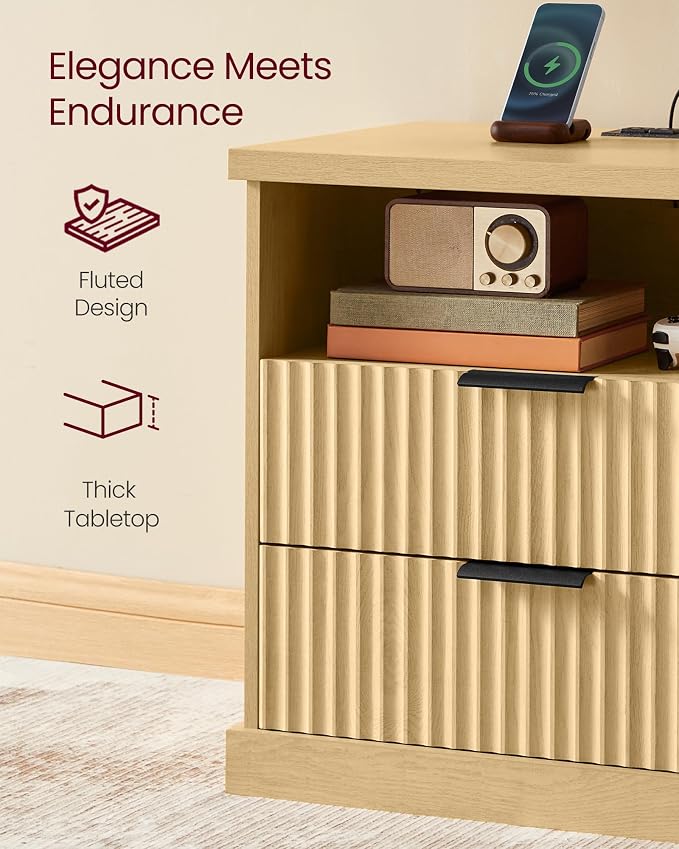 VASAGLE Nightstand with Charging Station, 2 Drawers, Open Shelf - Image 6