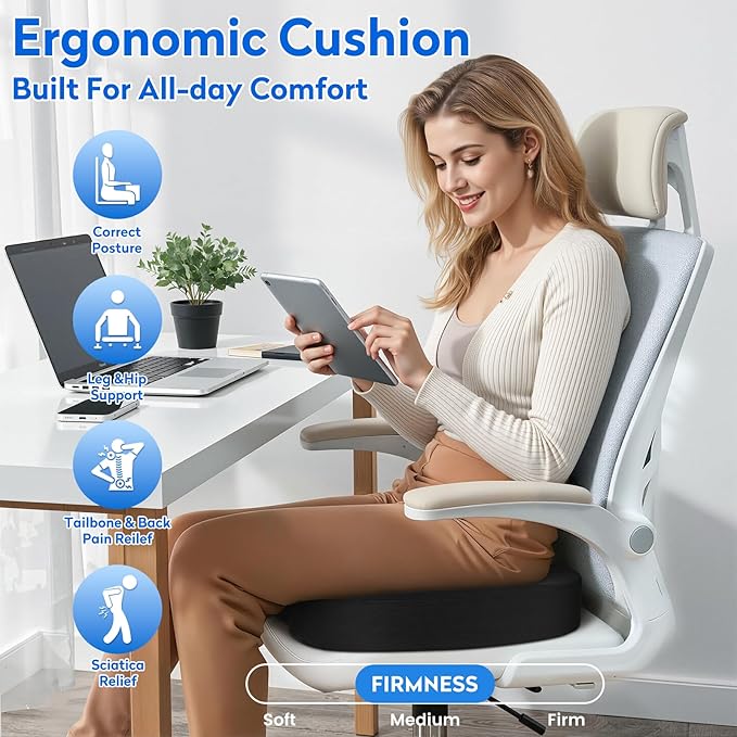 CushZone XL Memory Foam Seat Cushion for Office, Car & Wheelchair, Black | U-shaped Coccyx Cutout, Contoured Design, Breathable Removable Mesh Cover, Non-Slip Base, Carry Handle - Image 7