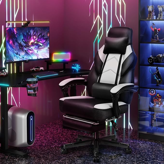 Big and Tall Gaming Chair for Adults, Heavy Duty Computer Chair with Footrest, Video Game Chair, Massage Lumbar Support, Wide Seat High Back Reclining Desk Chair, White - Image 2