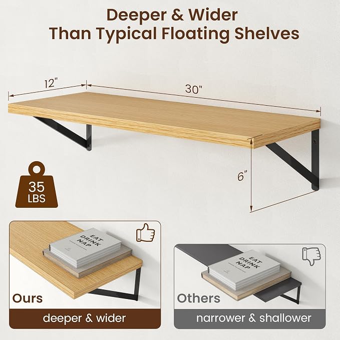 Axeman Deep Floating Shelves - 30 Inch Floating Shelves Set of 2-12 Inch Deep Oak Wall Shelves for Living Room Bathroom Kitchen - Image 3