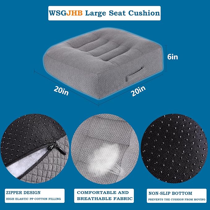 WSGJHB Large Seat Cushion, Extra Thick Booster Seat Cushions Long Sitting | Office Chair Cushion Long Sitting Office Workers, Car Drivers, Relieves Back Pain, Breathable, Anti-Slip, 20x20x6 inchs - Image 4