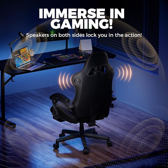 GTPLAYER ACE-PRO Music Gaming Chairs – Built-in Speakers, App Support & Bluetooth Control, Computer Game Chairs with Footrest for Adults, Ergonomic, Reclining, Linkage Armrest, Black & Orange Stitch - Image 4