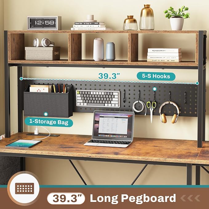 SEDETA L Shaped Gaming Desk with Hutch, 57.5” Reversible Corner Computer Desk with Storage Shelves, Gaming Desk with Pegboard, LED Lights, Power Outlet, Keyboard Tray (Rustic Brown) - Image 5