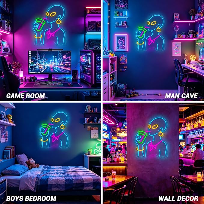 Drinking Neon Signs for Wall Decor, Boho Figure LED Wall Art for Home Bar Decor, USB Dimmable Neon Lights, Housewarming, Birthday, Christmas Gift (Alien Blue) - Image 7