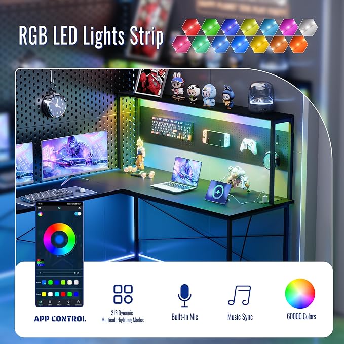 Pamray 60 Inch L Shaped Gaming Desk with Shelves and Storage | With Pegboard LED Lights Power Outlets, Reversible, Suitable for Home Office Bedroom Living Room Dorms Apartments - Image 4