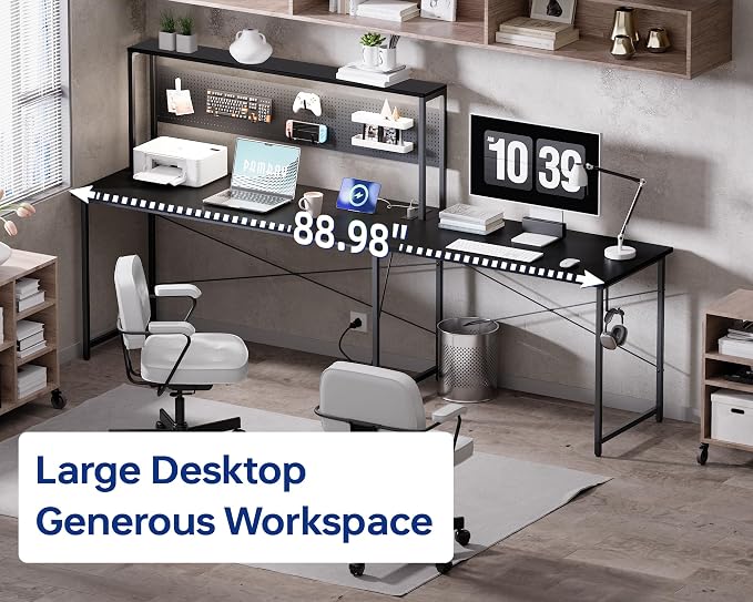 Pamray 60 Inch L Shaped Gaming Desk with Shelves and Storage | With Pegboard LED Lights Power Outlets, Reversible, Suitable for Home Office Bedroom Living Room Dorms Apartments - Image 7