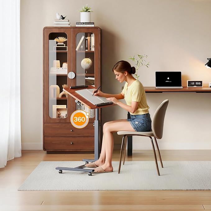Laptop Table Mobile Adjustable Height Portable Desk Notebook Swivel PC Computer Rolling Desk with Wheels, Laptop Stand for Couch Bedside Hospital Bed Table(Red Walnut) - Image 2