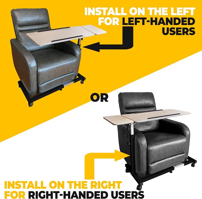 Recliner Table, Over the Bed Table with Wheels, Adjustable Width & Height, with Split Tilt Design & 4 Caster Wheels with Brakes (Beechwood Tabletop, Black Base) - Image 4
