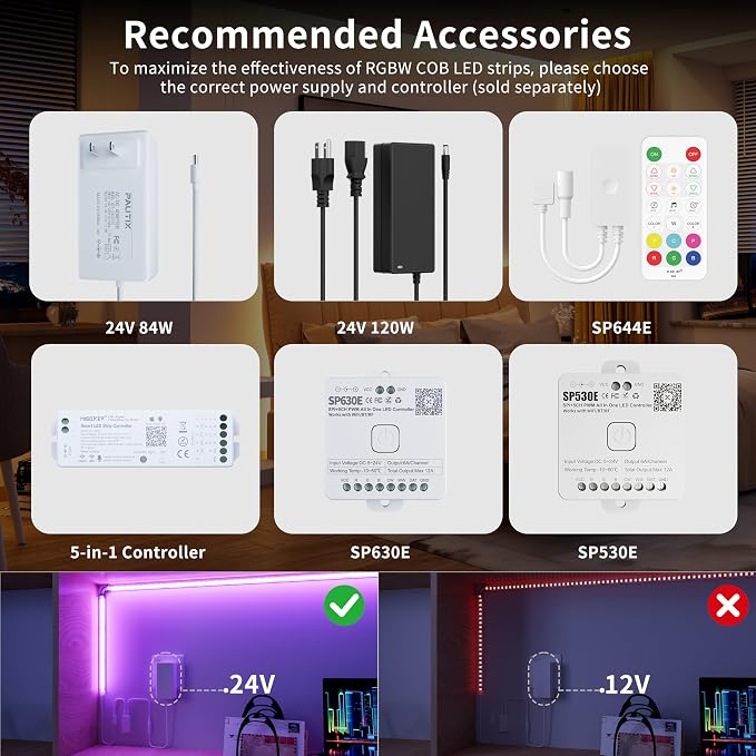 PAUTIX RGBW COB LED Strip Lights Bright 6000K Daylight White 20ft,UL-Listed Dotless LED Lights,24V Flexible Color Changing RGB Light for Game Room,Bedroom,Party(Power Supply & Controller Not Included) - Image 5