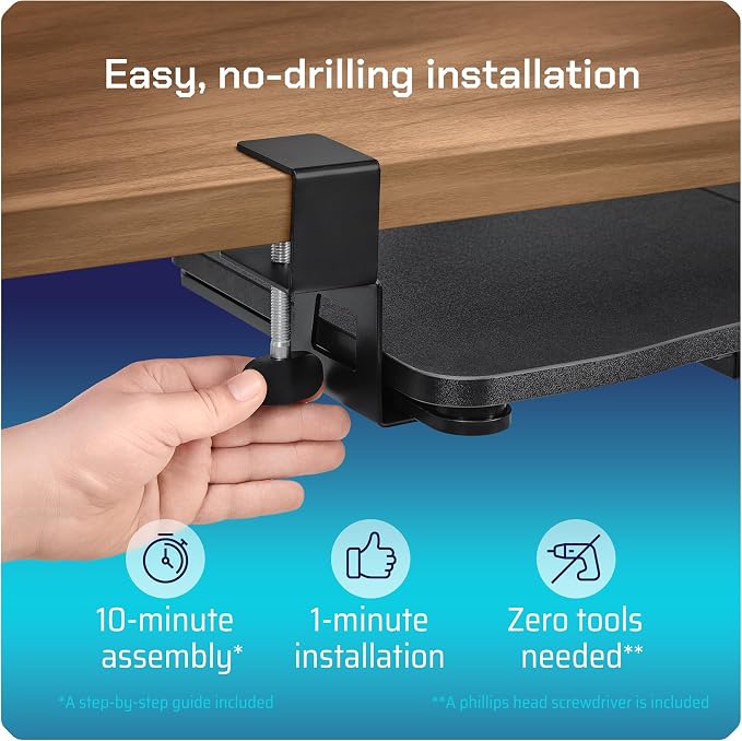 Keyboard Tray | Under Desk Keyboard Tray Slide Out w/Adjustable C-Clamps for Desks Up to 1.5-Inch-Thick | Clamp On Drawer with 1x USB-C to 4 USB-A Hub and 1x Five-Cable Management Organizer - Image 7