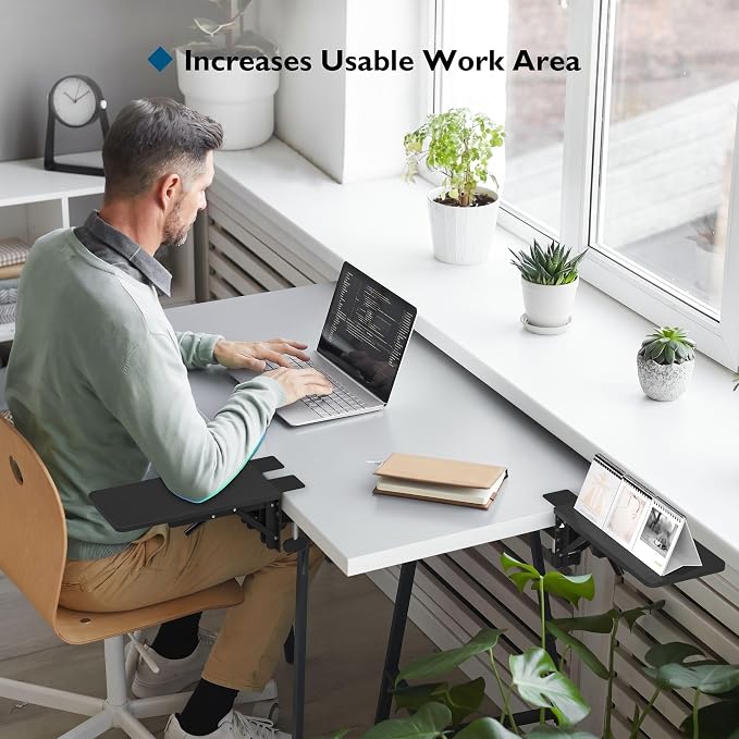 BONTEC Desk Extender Tray, 11.8 x 5.9 Inch, Black Pattern | 90° Foldable Elbow Support, Table Mount Arm Wrist Rest Shelf, Clamp on Computer Arm Rest, Easy to Install, Office & Home Use - Image 2
