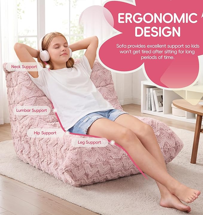 Hobestluk Medium Bean Bag Chairs Lounge Floor Chair BeanBag Couch Togo Sofa | Ergonomic Design,Memory Foam,No Assembly,Faux Fur Fireside Chair Back Support for Reading Classroom | Pink Chevron Medium - Image 4