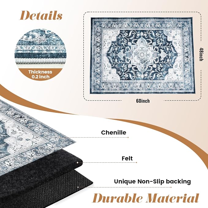 Office Chair Mat for Hardwood Tile Floor, 48"x60"Anti-Slip Under Desk Carpet Protector for Rolling Computer Chair Mat, Machine Washable Office Area Carpet (Chenille,Blue) - Image 3
