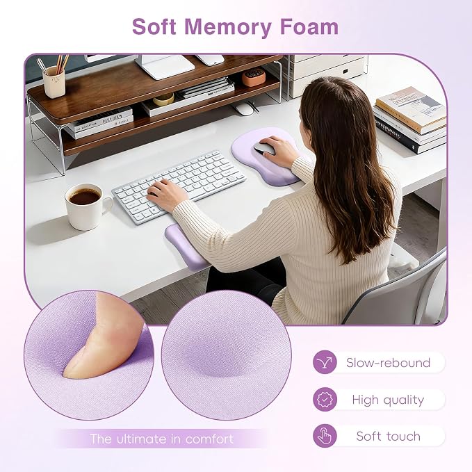 Ospelelf Mouse Pad with Wrist Rest Set Foam L-Shaped Desk Elbow Pad Ergonomic Desk Edge Cushion Anti-Slip Rubber Bottom Office Women Desk Accessories for Computer, Laptop and Gaming, Purple - Image 4