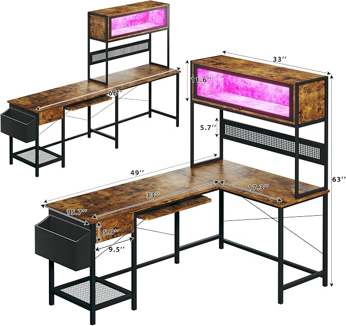L Shaped Gaming Desk with Power Outlets & LED Lights, 49'' Reversible Computer Desk with Hutch & Pegboard & Display Cabinet, Corner Home Office Desk with Drawer & Keyboard Tray & Storage Bag, Rustic - Image 3