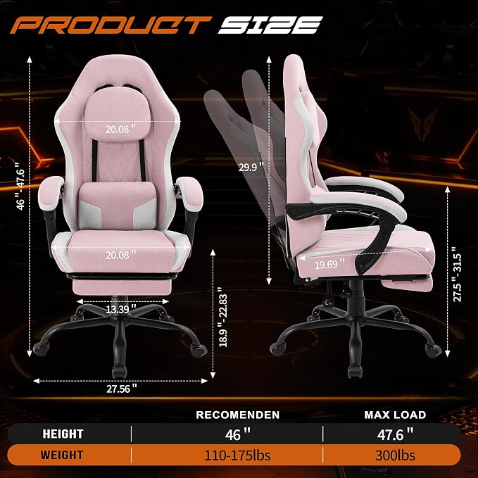 Shintenchi Gaming Chair, Ergonomic Office Chair with Footrest, Lumbar Support and Linkage Armrests, Swive Home Video Game Chairs for Adults, Pink - Image 3