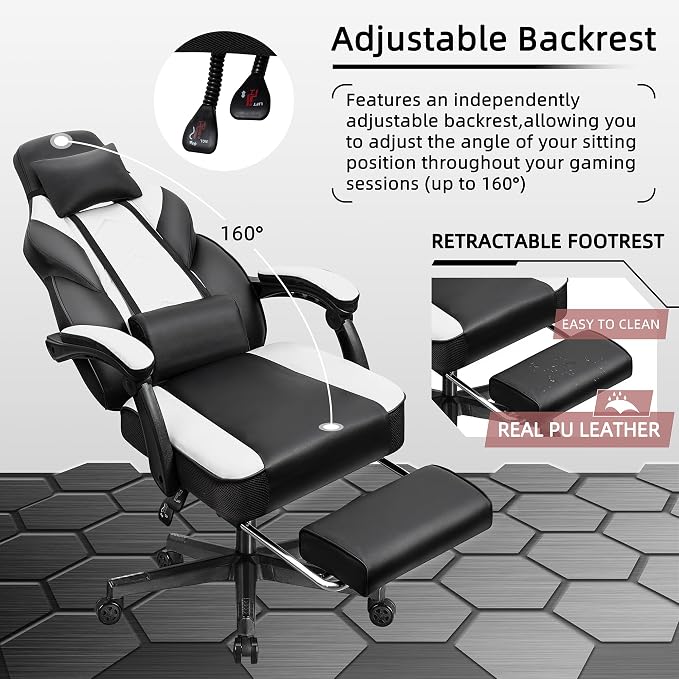 Shintenchi Gaming Chair,Video Game Chair with footrest and Massage Lumbar Support,Height Adjustable Game Chair with 360°Swivel Seat Ergonomic Computer Chair with Headrest for Office or Gaming(White) - Image 5
