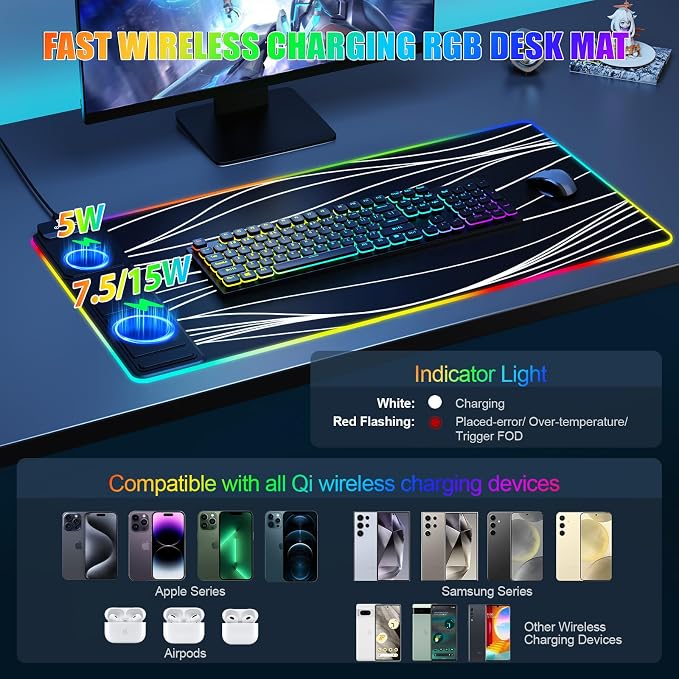 Mouse Pad with Phone Holder, Wireless Charging Desk Mat, RGB Gaming Mousepad Home Office Large Desk Pad with Ultra-Smooth Surface, Non-Slip Base, Waterproof Keyboard Pad,Wavy Black - Image 2