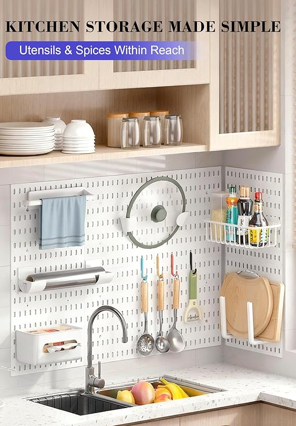 Pegboard Wall Organizer Set – 4 Peg Boards with Hooks & Shelves – Office, Kitchen, Gaming Room Desk Pegboard Storage – Peg Board Wall Display Rack (White) - Image 3