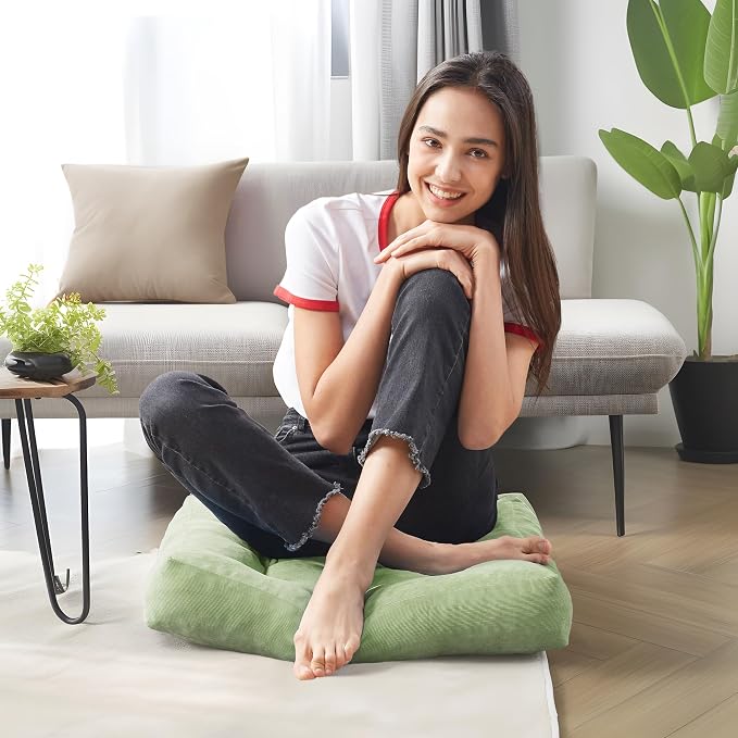 Floor Pillows Set of 2, Large Meditation Cushion for Adults, 22 Inch Square | Reading nook & office use, Tatami seating, Corduroy cover, 3.5 in thick, Shredded memory foam fill, Green yoga pad - Image 4