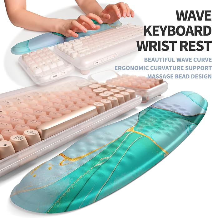 2-in-1 Ergonomic Set, Wave Keyboard Wrist Rest and Massage Slope Mouse Pad Wrist Support, Rebound Memory Foam for Relieve Carpal Tunnel Syndrome and Wrist Pain (Green Gold Marble) - Image 2