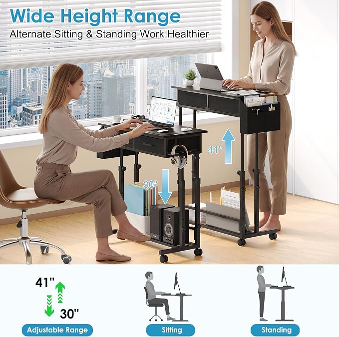 Small Standing Desk with Storage, Height Adjustable Sit Stand Desk with Drawers, Mobile Office Desk with Wheels and Side Pocket, Adjustable Laptop Workstation for Home Office - Image 3