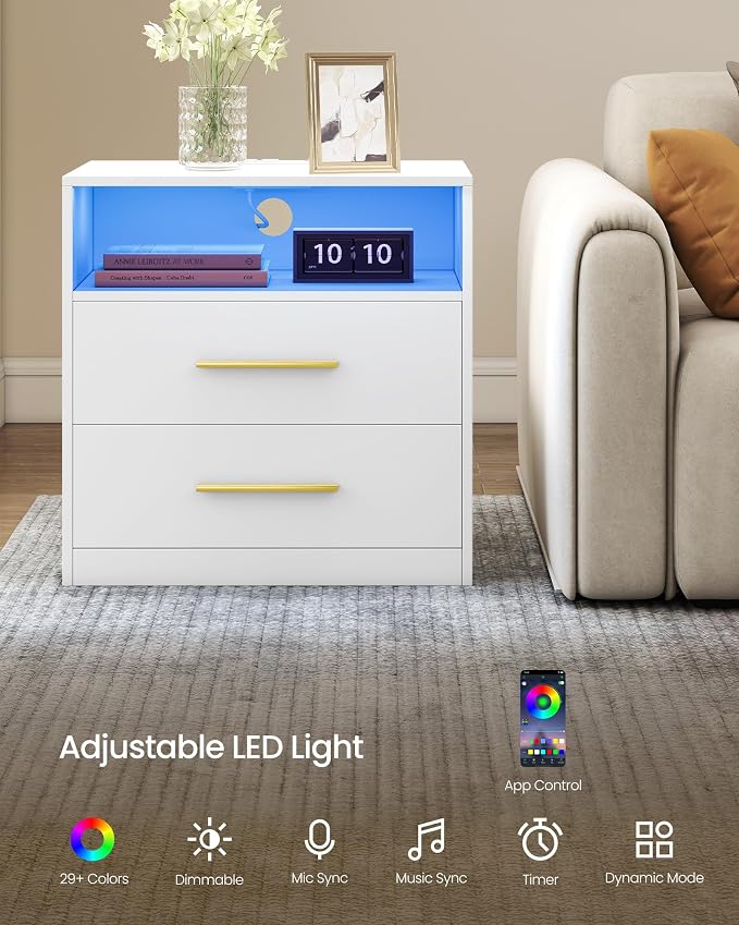 VASAGLE 23.6 Nightstands, LED Lights, Charging Station, 2 Drawers - Image 5