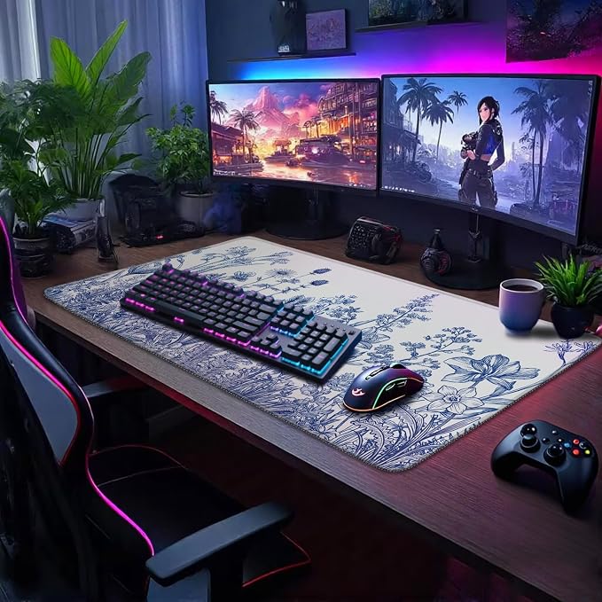 Large Gaming Mouse Pad Desk Mat 31.5"x15.7" Non Slip Blue Floral | Extended Mousepad, Non-Slip Rubber Base , Stitched Edges, for Computer/Laptop/Office/Home - Image 2