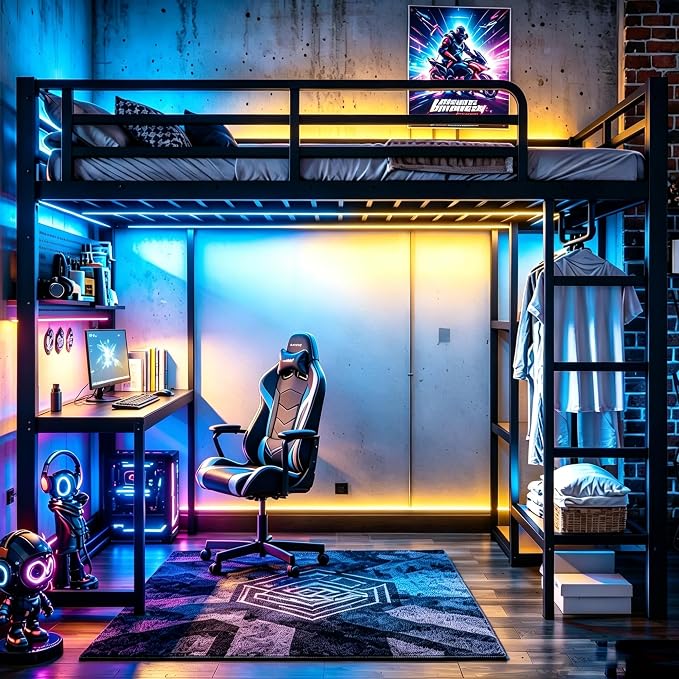 Bellemave Full Size Gaming Loft Bed with Desk, Peg Board, RGB Lights & USB Ports, Metal Full Loft Bed Frame with Storage Shelves & Hanging Rod for Teens Adults, Black by Bellemave