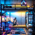 Bellemave Full Size Gaming Loft Bed with Desk, Peg Board, RGB Lights & USB Ports, Metal Full Loft Bed Frame with Storage Shelves & Hanging Rod for Teens Adults, Black by Bellemave