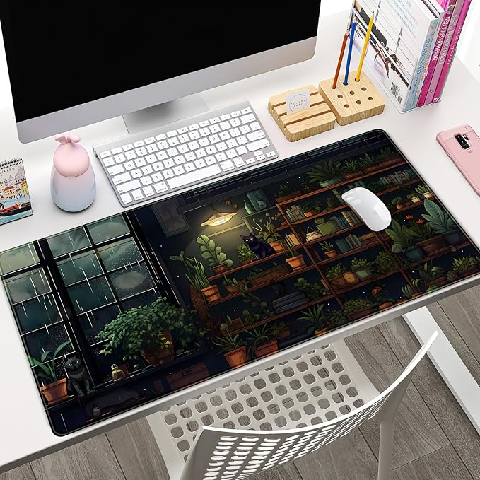 Lofi Cat Desk Mat Dark Green Plant Books Desk Pad Black Cat Aesthetic Anime Big Mouse Pad Large Gaming Mousepad XL Cool Keyboard Pad Deskmat Laptop Computer Mouse Mat 31.5X 15.7in - Image 2